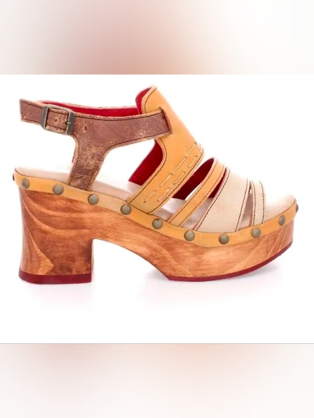 Bed Stu Falabella Distressed Leather Platform Multicolor Wooden Clog Sandle 8.5